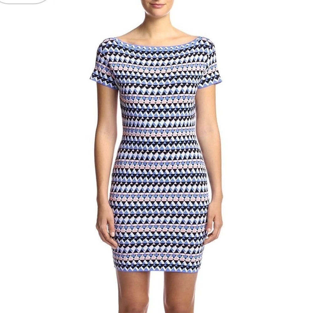 Susana Monaco Christine Bodycon Mini Dress S Boatneck Fitted Stretch Blue Pink